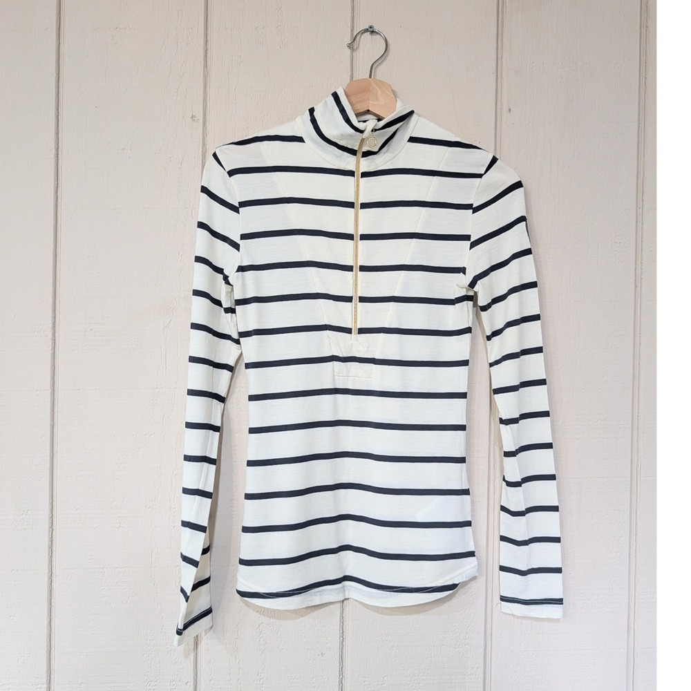 We Norwegians Merino Wool Quarter Zip Base Layer Striped Top Cream‎ Navy XS